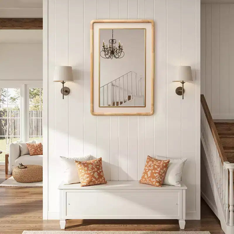 Miroir mural décoratif rectangulaire aux bords arrondis, cadre en bois d'hévéa de 35" avec accent en cuir PU marron