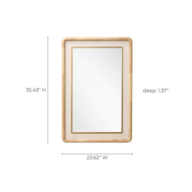 Miroir mural décoratif rectangulaire aux bords arrondis, cadre en bois d'hévéa de 35" avec accent en cuir PU marron
