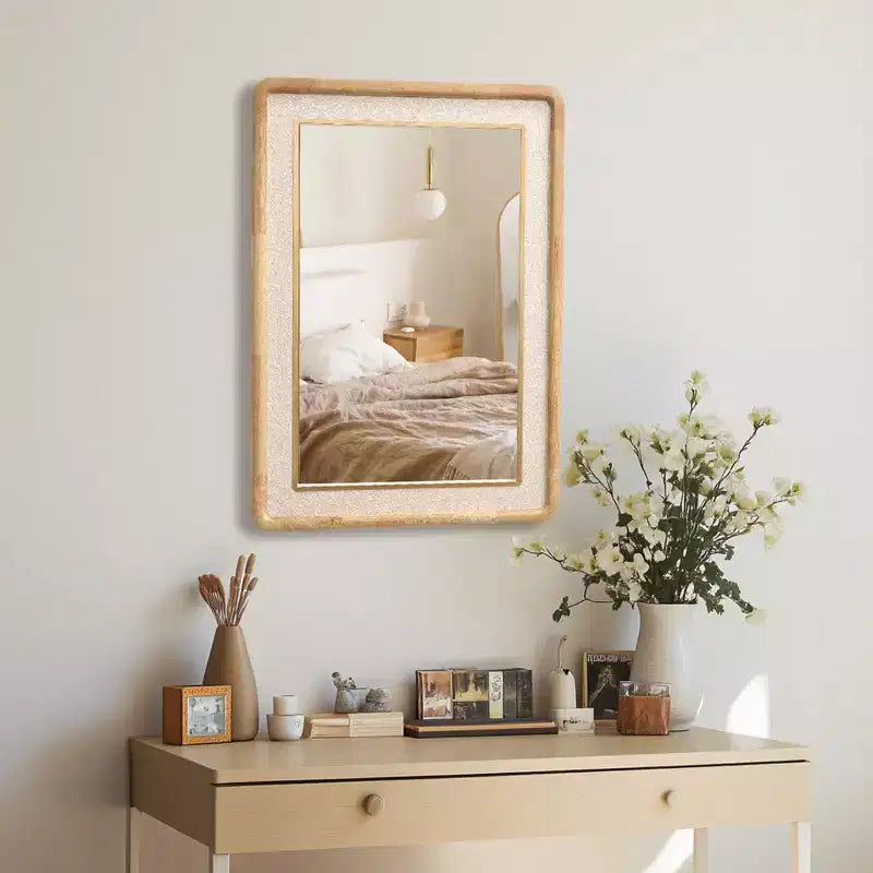 Miroir mural décoratif rectangulaire aux bords arrondis, cadre en bois d'hévéa de 35" avec accent en cuir PU marron