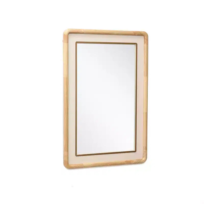 Miroir mural décoratif rectangulaire aux bords arrondis, cadre en bois d'hévéa de 35" avec accent en cuir PU marron