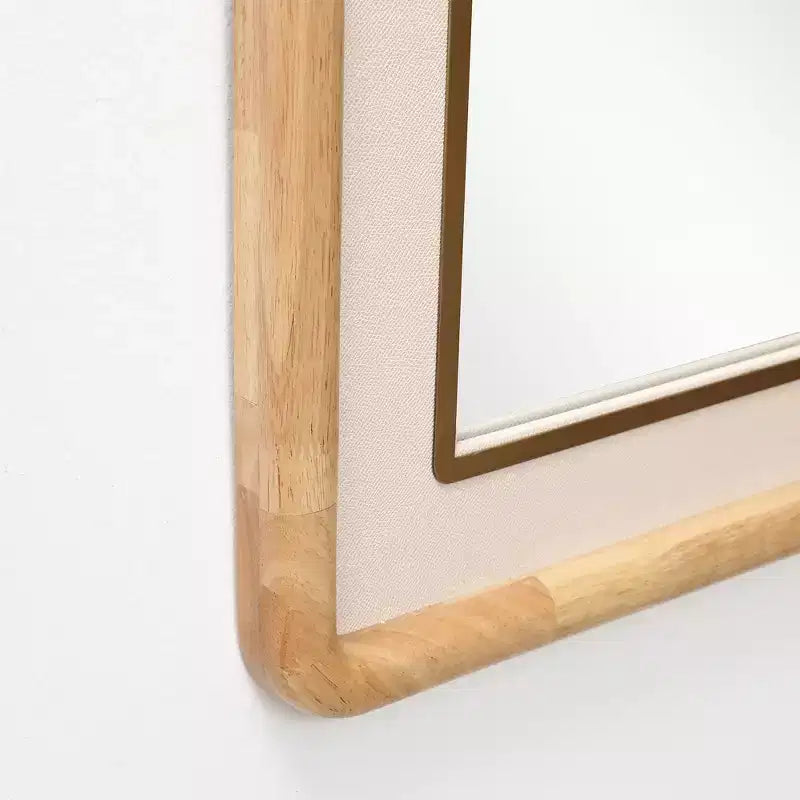 Miroir mural décoratif rectangulaire aux bords arrondis, cadre en bois d'hévéa de 35" avec accent en cuir PU marron