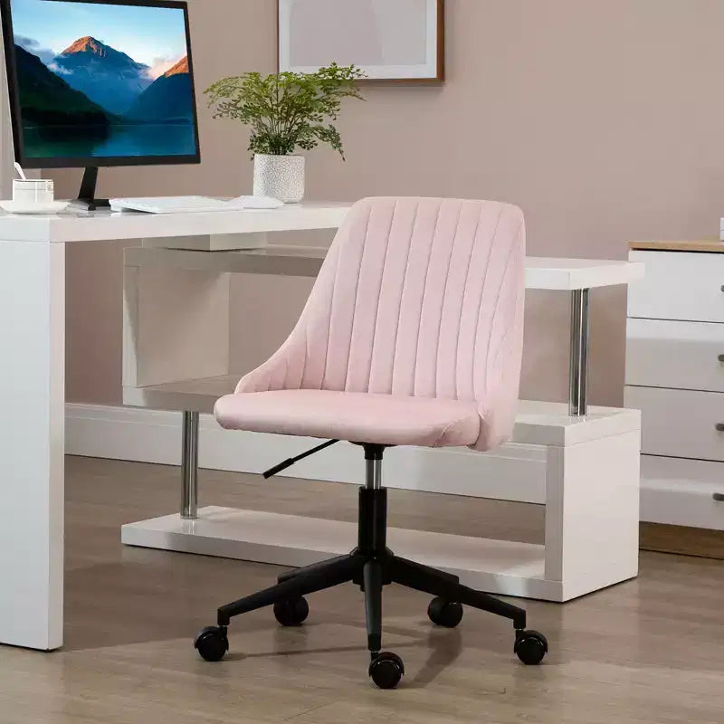 Chaise de bureau mi-hauteur, chaise de coiffeuse en velours avec hauteur réglable et roulettes pivotantes à 360°, chaise rembourrée confortable pour bureau, maison, rose