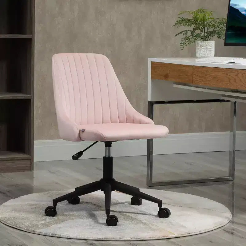 Chaise de bureau mi-hauteur, chaise de coiffeuse en velours avec hauteur réglable et roulettes pivotantes à 360°, chaise rembourrée confortable pour bureau, maison, rose