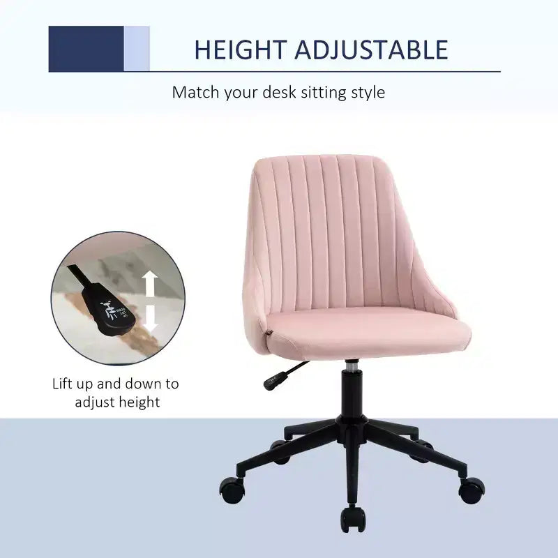 Chaise de bureau mi-hauteur, chaise de coiffeuse en velours avec hauteur réglable et roulettes pivotantes à 360°, chaise rembourrée confortable pour bureau, maison, rose