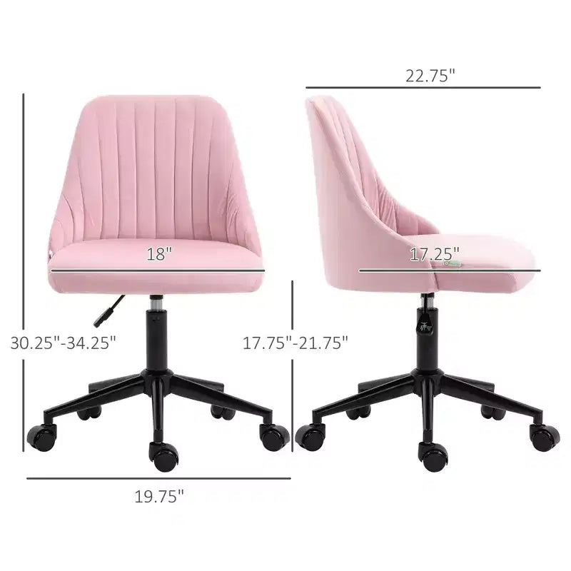 Chaise de bureau mi-hauteur, chaise de coiffeuse en velours avec hauteur réglable et roulettes pivotantes à 360°, chaise rembourrée confortable pour bureau, maison, rose