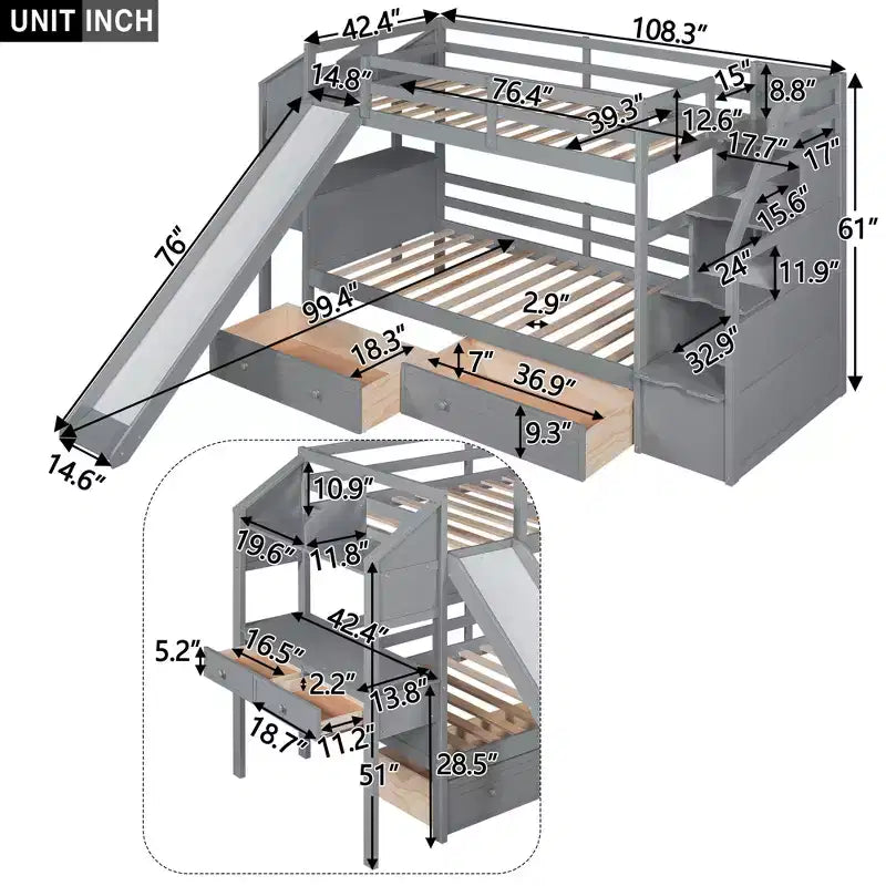 Lit superposé jumeau sur jumeau avec escalier de rangement, toboggan et tiroirs, bureau avec tiroirs et étagères, gris