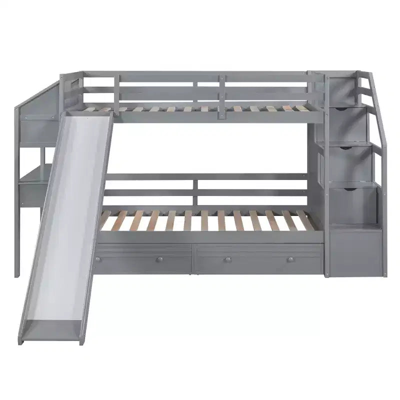 Lit superposé jumeau sur jumeau avec escalier de rangement, toboggan et tiroirs, bureau avec tiroirs et étagères, gris