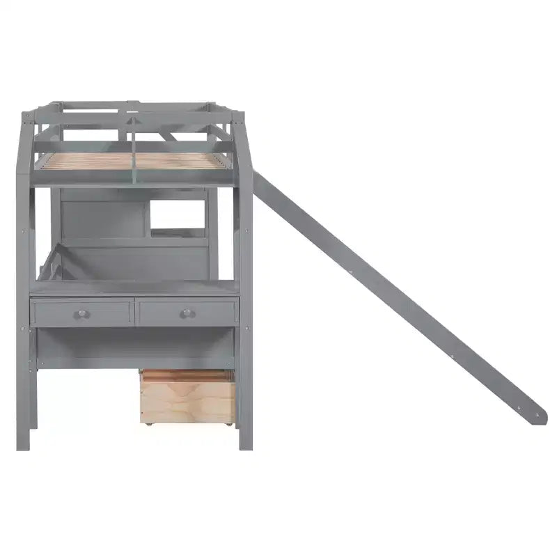 Lit superposé jumeau sur jumeau avec escalier de rangement, toboggan et tiroirs, bureau avec tiroirs et étagères, gris