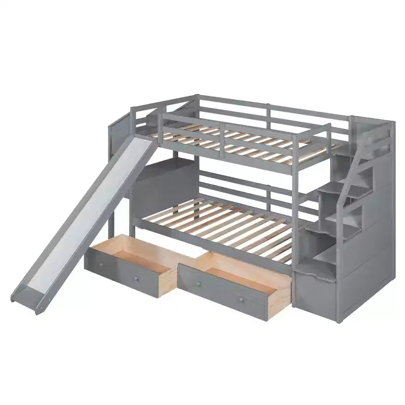 Lit superposé jumeau sur jumeau avec escalier de rangement, toboggan et tiroirs, bureau avec tiroirs et étagères, gris