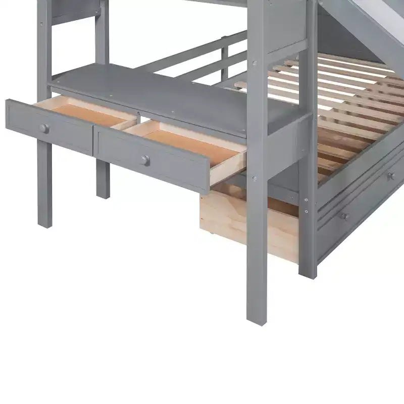 Lit superposé jumeau sur jumeau avec escalier de rangement, toboggan et tiroirs, bureau avec tiroirs et étagères, gris