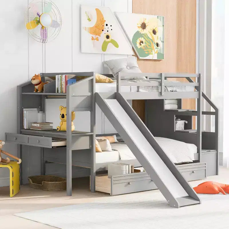 Lit superposé jumeau sur jumeau avec escalier de rangement, toboggan et tiroirs, bureau avec tiroirs et étagères, gris