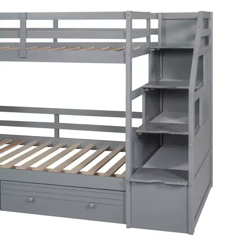 Lit superposé jumeau sur jumeau avec escalier de rangement, toboggan et tiroirs, bureau avec tiroirs et étagères, gris