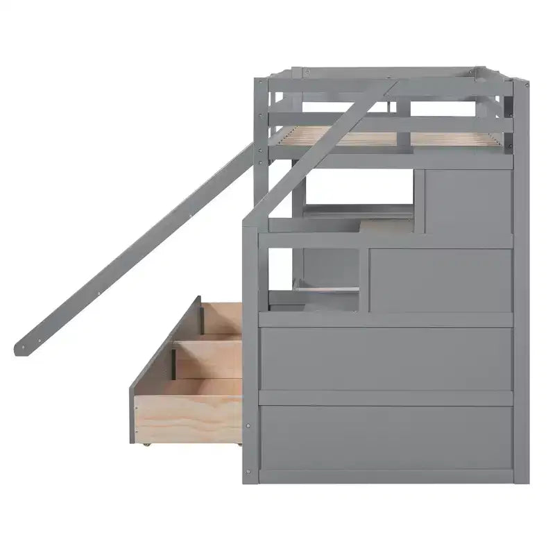 Lit superposé jumeau sur jumeau avec escalier de rangement, toboggan et tiroirs, bureau avec tiroirs et étagères, gris