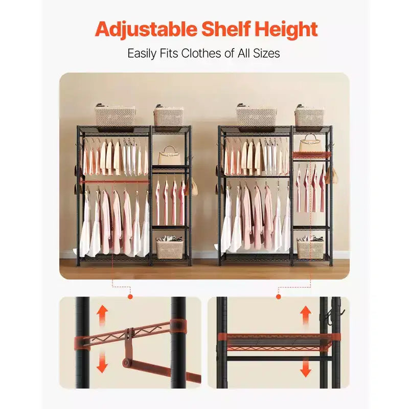 Portant à vêtements, Portant à vêtements robuste, Portant à vêtements à 6 niveaux réglables avec cadre en acier, capacité de charge de 362 kg avec 3 tringles à suspendre, Noir