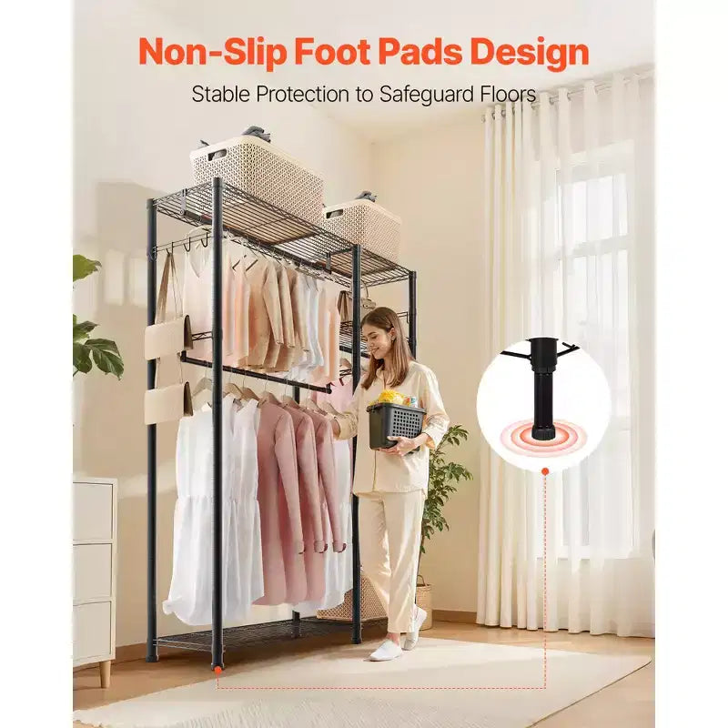 Portant à vêtements, Portant à vêtements robuste, Portant à vêtements à 6 niveaux réglables avec cadre en acier, capacité de charge de 362 kg avec 3 tringles à suspendre, Noir